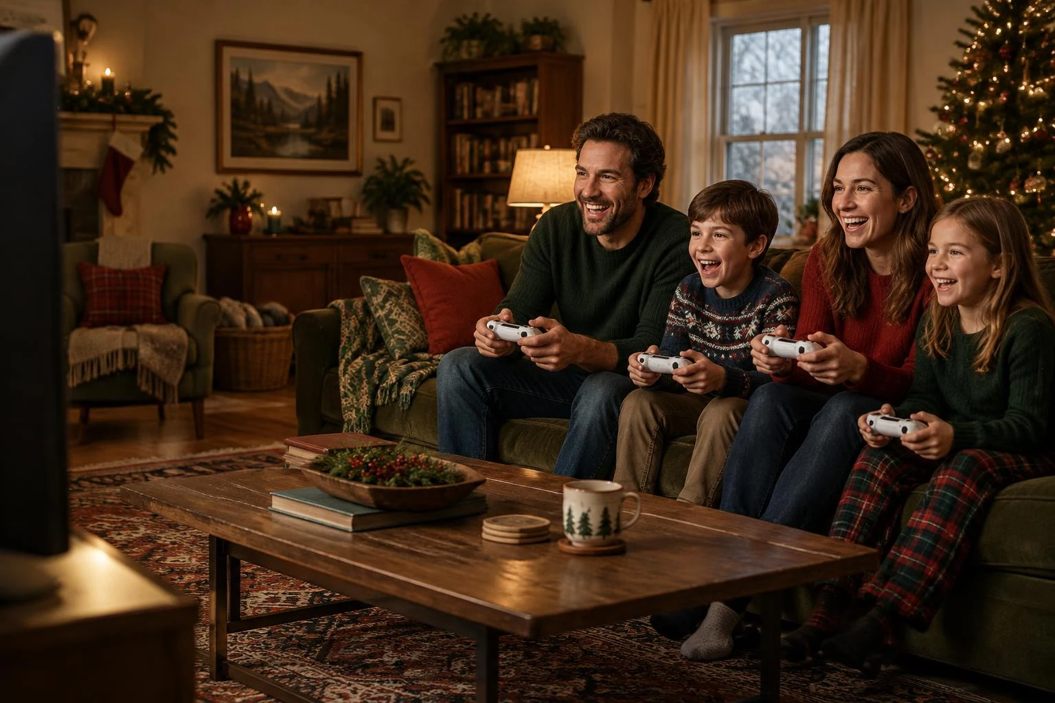 Family enjoying a game night together at Christmas